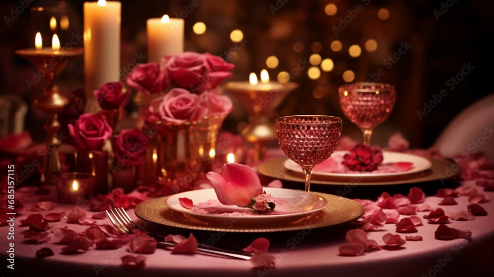 An elegant dining table covered in rose petals, heart-shaped confetti, and beautifully patterned tableware for a romantic evening.