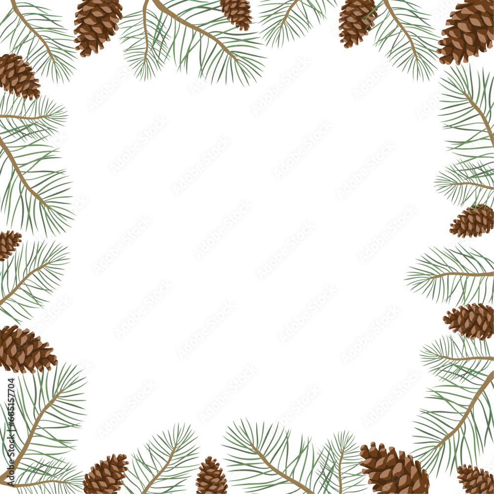 Frame made of pine branches and cones. Color vector image on a white background.