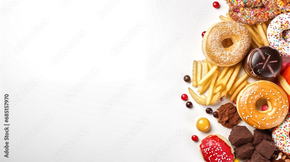 top view of unhealthy junk food on white table, studio light