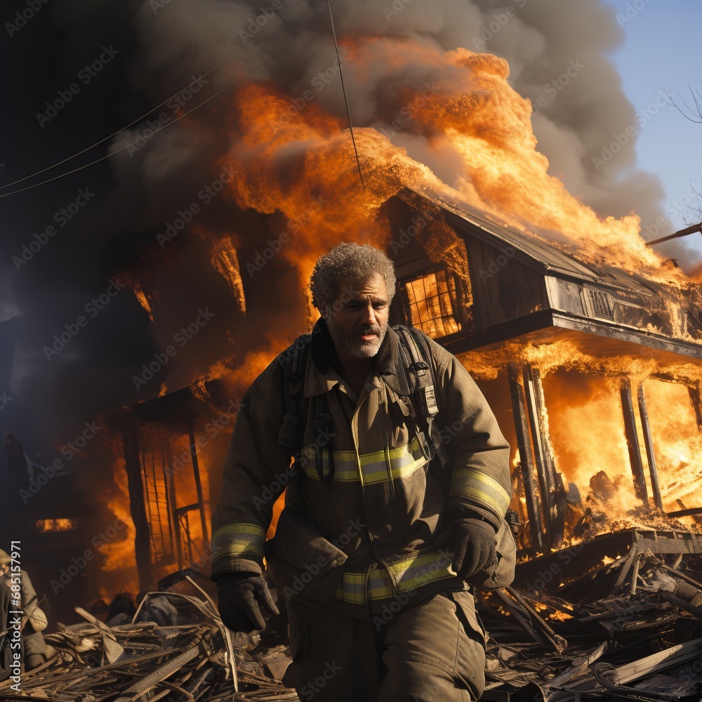 Male firefighter among fire and smoke, dangerous work of fire brigade. A professional firefighter extinguishes the flame. Rear view of a burning house and a man in military uniform. Concept: Fire 