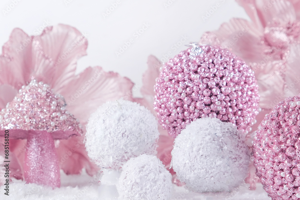 Merry Christmas. Christmas banner in pink color on a white Christmas background. Christmas background, pink xmas holiday card. Christmas card pink balls Merry Christmas. Christmas banner in pink color on a white Christmas background. Christmas background, pink xmas holiday card. Christmas card pink balls