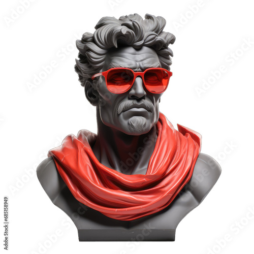 Bust  black head statue of a guy with red glasses isolated on transparent and white background. PNG transparent