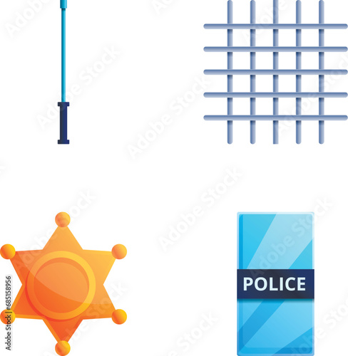 Police symbol icons set cartoon vector. Weapon, sheriff star and prison bar. Public order protection photo