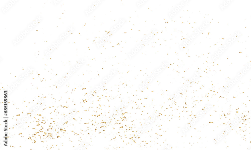 Abstract doted and confetti golden glitter and dust particles splatter on transparent background. Dust golden grunge background.