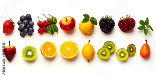 Various fruits healthy food concept Arrange a beautiful top view Including fruits with high vitamins  fresh fruits such as oranges  apples  grapes  etc.  with space on a white background.