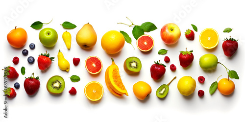 Various fruits healthy food concept Arrange a beautiful top view Including fruits with high vitamins, fresh fruits such as oranges, apples, grapes, etc., with space on a white background.