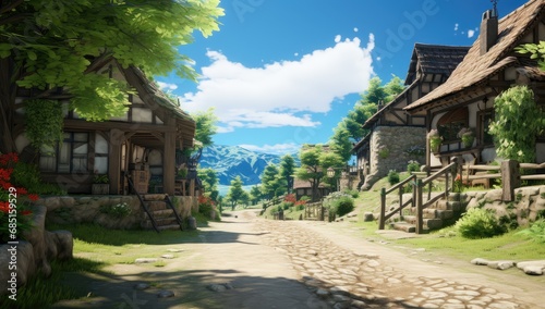 a picture of a village road in an anime style