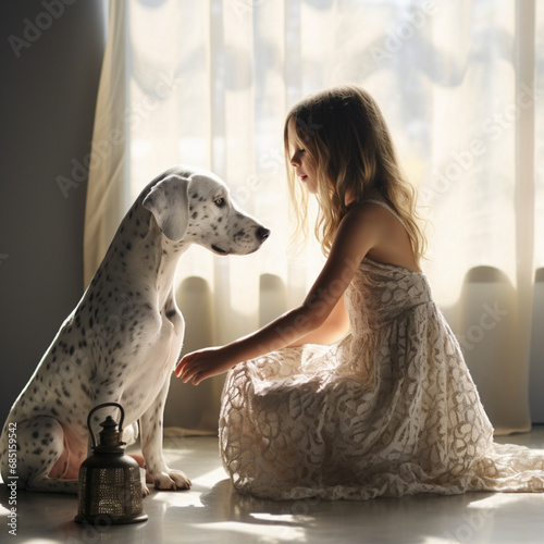 Bambina seduta vicino al suo cagnolino photo