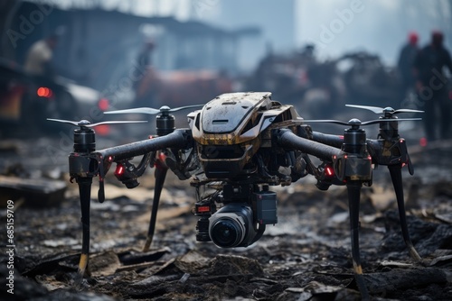 Advanced sensor equipped drones and robots in search and rescue operations, futurism image photo