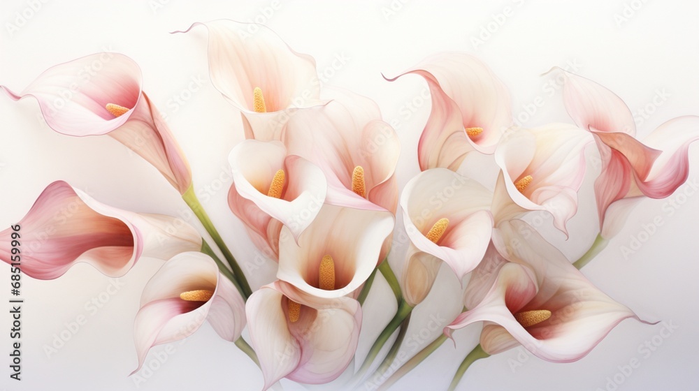 Elegant calla lilies in shades of cream and pink, captured in stunning detail on a white surface.