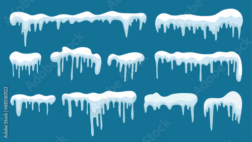 Set of snow icicles. Winter snow caps with ice. Flat vector design isolated on blue background. Snowdrifts, icicles, elements winter decor. Christmas, New Year
