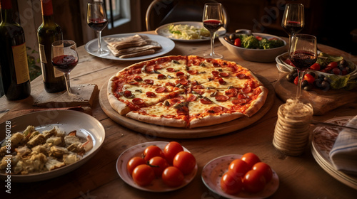 Belle table italienne avec pizza et vin