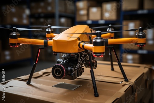 Futuristic delivery network drones converging at urban hub, futurism image