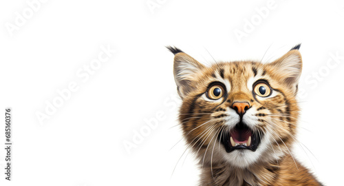 Portrait of a surprised lynx on a white background. Banner concept for veterinary clinic or pet store.