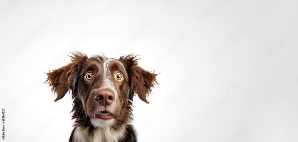 Portrait of a surprised dog on a white background. Banner concept for veterinary clinic or pet store.