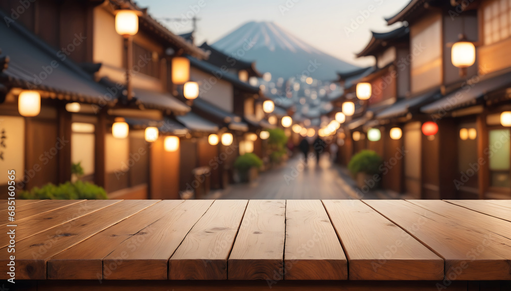 The empty wooden table top with blur background of japan city The empty wooden table top with blur background of japan city