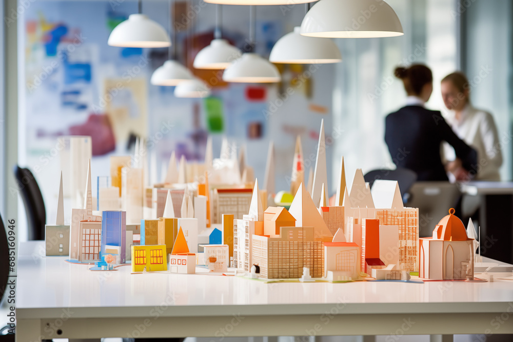 Creative representations of company culture through office decor or thematic setups, with copy space
