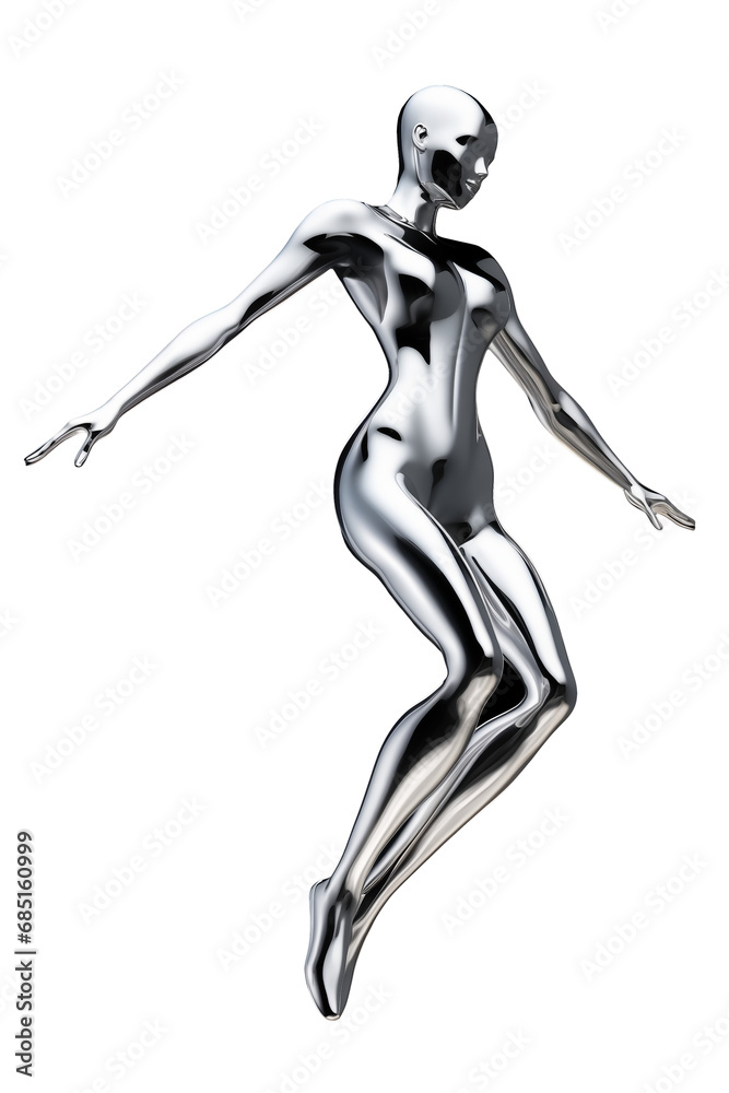 Y2K futuristic chrome woman body isolated. Melty gloss silver metal mannequin levitating Y2K futuristic chrome woman body isolated. Melty gloss silver metal mannequin levitating