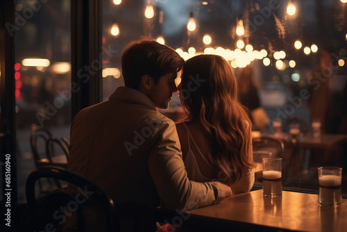 Romance, love or valentine's day concept. Couple in love flirting together on a date in an indoor cafe, romantic evening