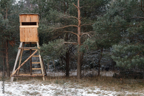 Hunting tower in wild forest.