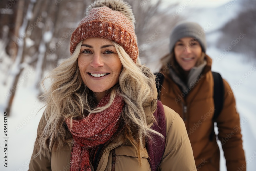 Cozy winter stroll with bundled up friends in warm mittens and scarves, hygge concept Cozy winter stroll with bundled up friends in warm mittens and scarves, hygge concept