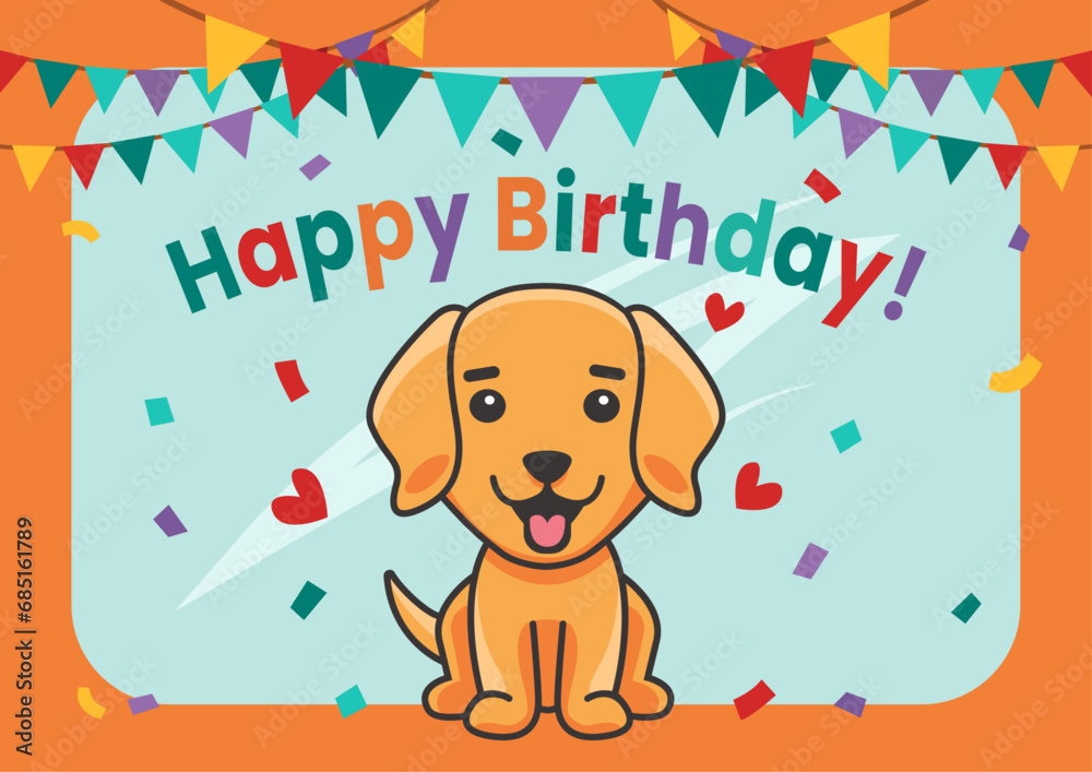 Fototapeta premium Happy Birthday card with dog and decorations. Happy Birthday card in vector, flat style.