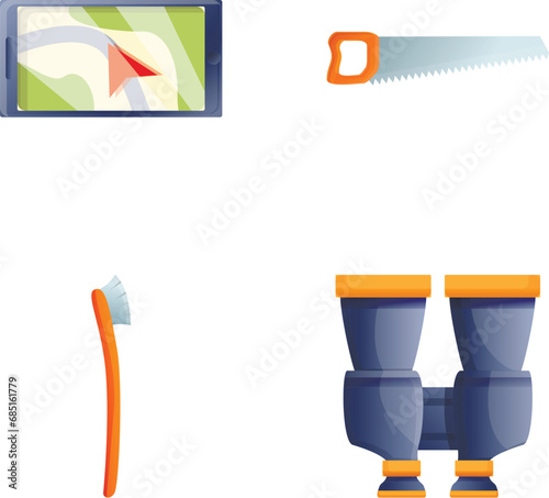 Backpacker equipment icons set cartoon vector. Various equipment for tourism. Tourism, summer vacation