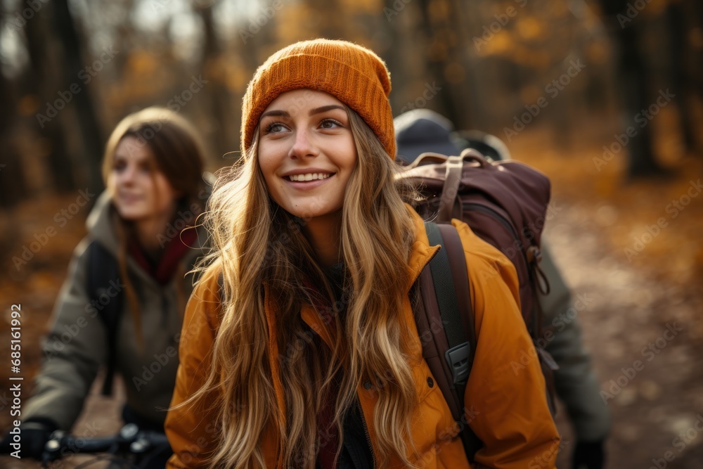 Friends enjoying a scenic ride amidst falling leaves, hygge concept