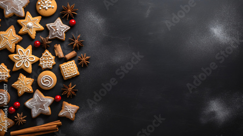 Christmas food baking background top view on black background