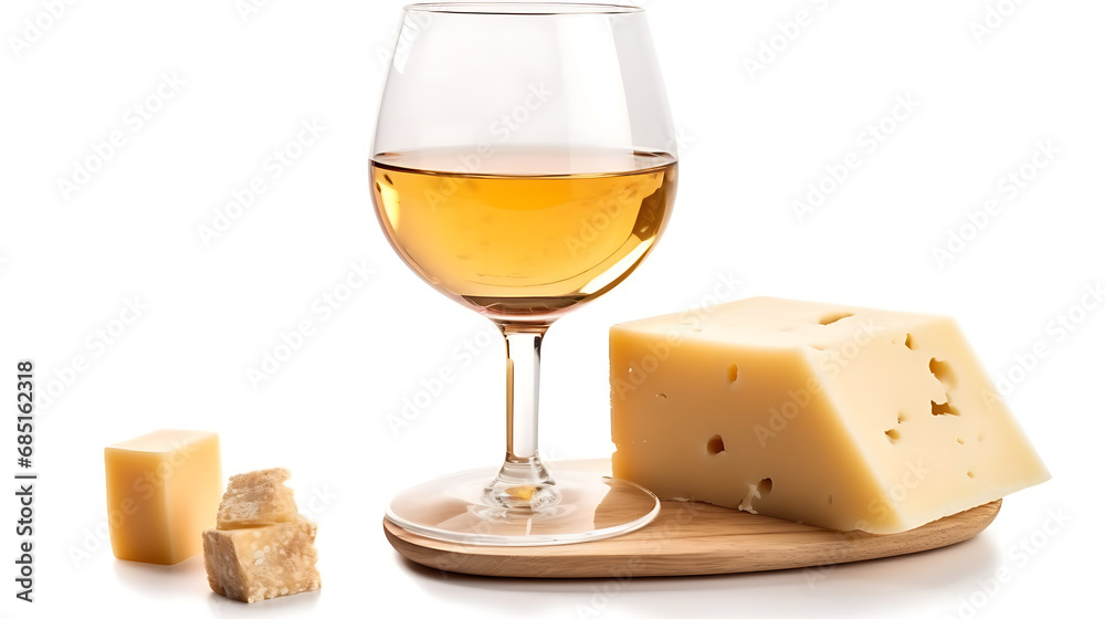 parmesan cheese and glass of white wine isolated on white background. Macro photo.