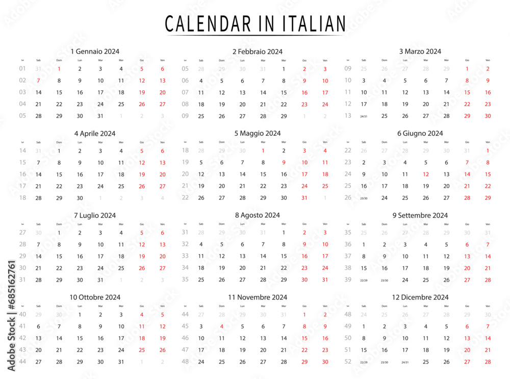 Italian Calendar 2024. Italian calendar template week starts Saturday. Vector illustration.