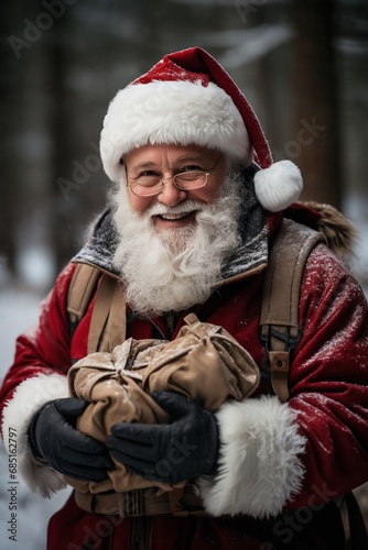 Portrait of Santa, with a lot of gifts, he is cheerful and joyful, winter, snow covered forest
