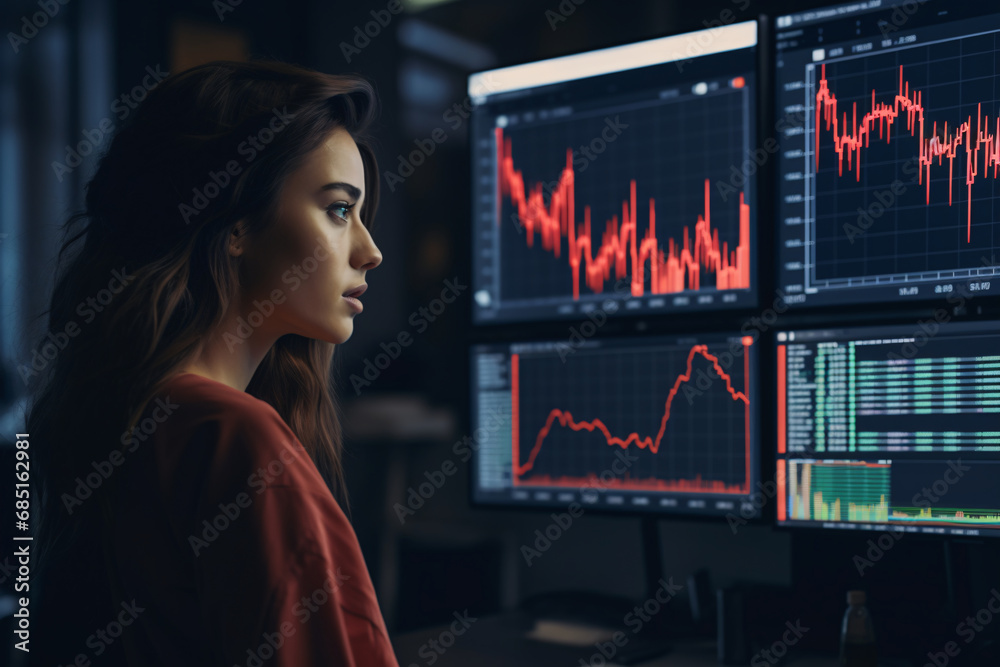 A woman looking at a computer screen with stock charts and graphs A woman looking at a computer screen with stock charts and graphs