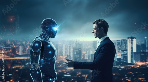 businessman check hand with robot for corparate between human and ai cityscape in background photo