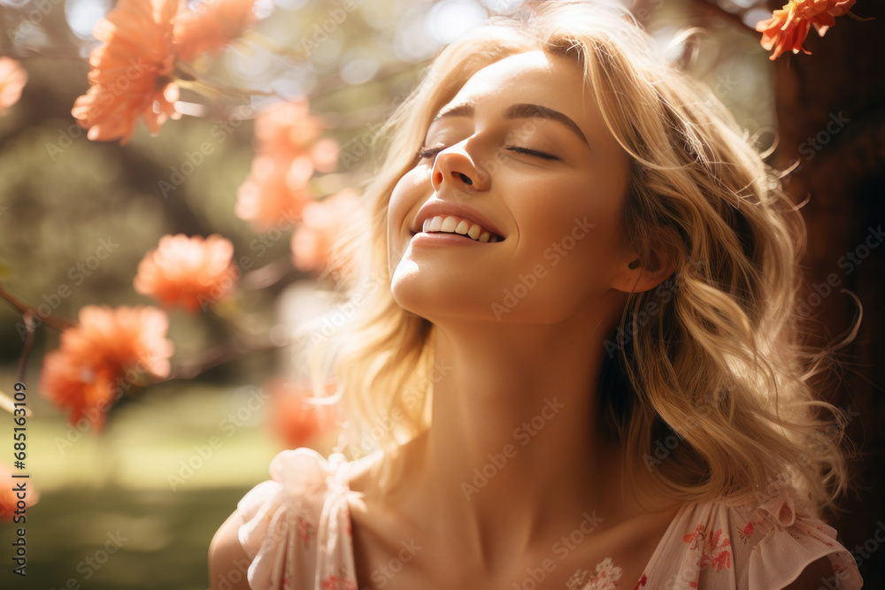 A blonde woman breathes calmly looking up enjoying spring air