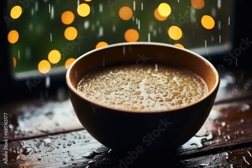 Close up of comforting soup with raindrops on the windowpane, hygge concept photo