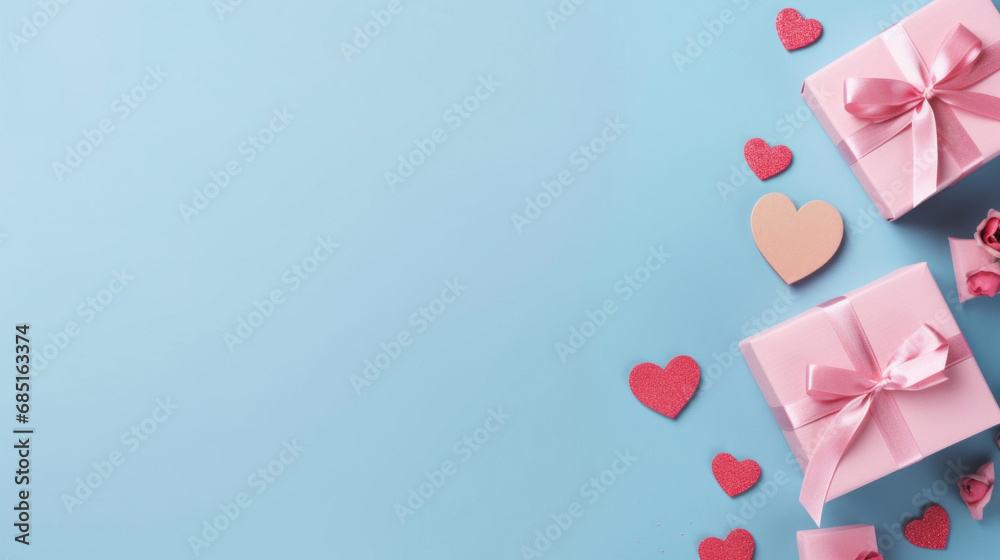 Pink gift boxes with hearts on blue background