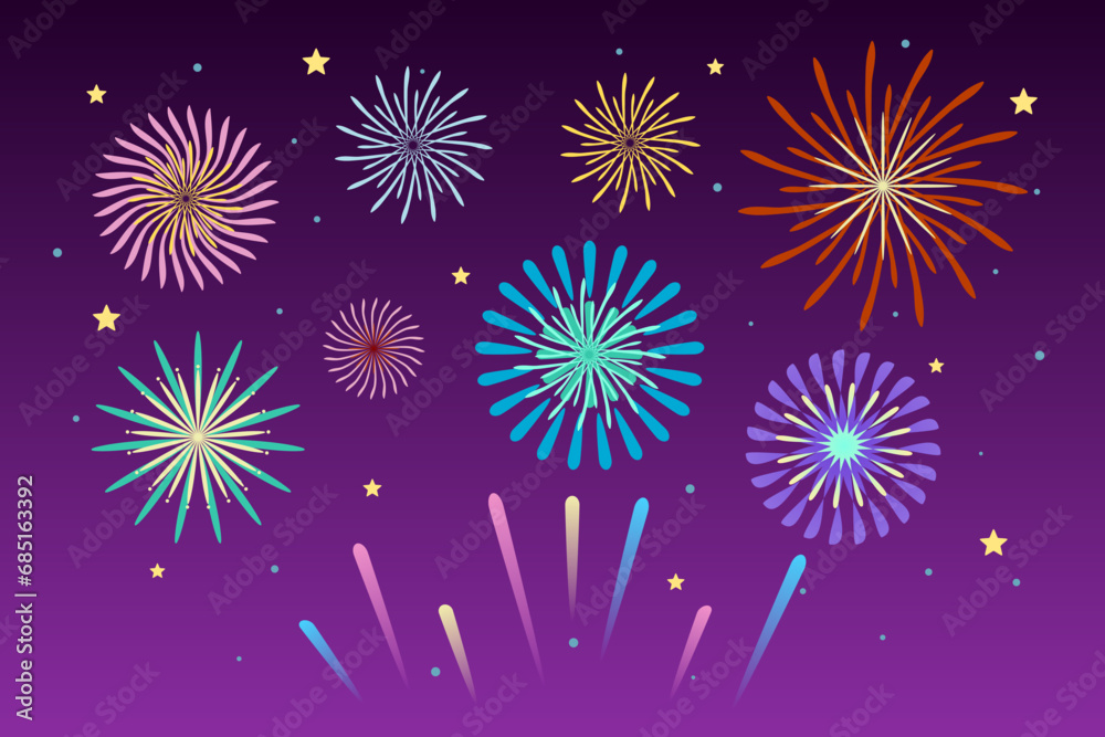 Naklejka premium Fireworks composition at the night on purple gradient background. Vector illustration.