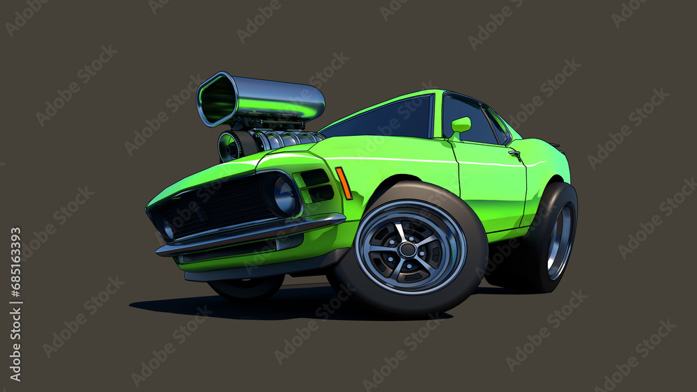 A muscular car with a big engine. Light green cartoon car on a gray background. Classic American sports car. 3D rendering
