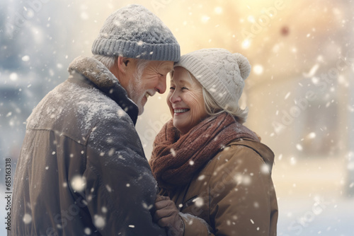 Love and companionship, an elderly couple smiling and having a wonderful time together on a snowy day outside during the winter 