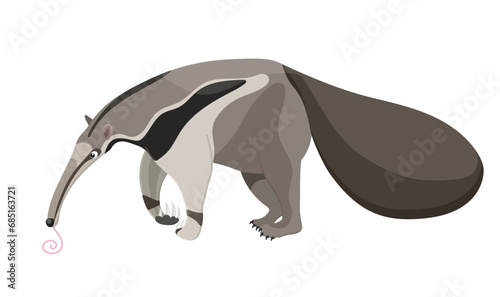Cartoon image of anteater, wildlife and zoo animal. Cute exotic creature. Long tail and tongue. Grey striped color. Comic mascot logo. Isolated on white background. Vector illustration