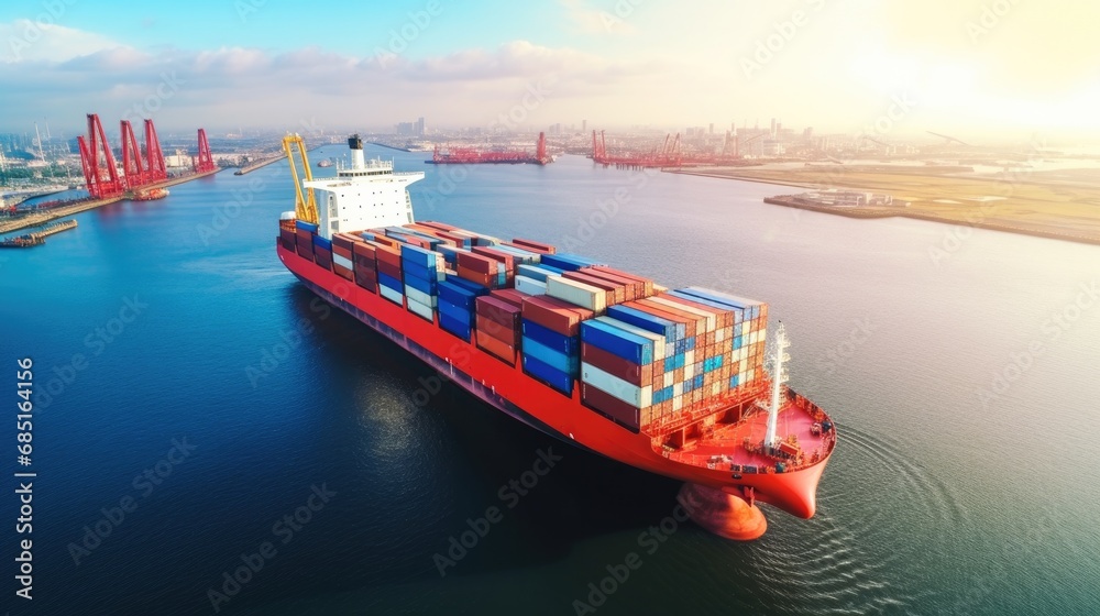 aerial top view of a container ship in the ocean, serving as a vital link for global business logistics, freight shipping,
