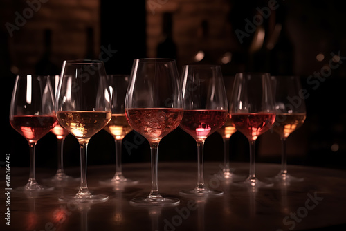 Rose wine in stemmed glasses placed in line from light to dark colour on concrete table