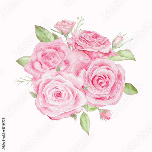 Watercolor pink rose flowers bouquet for valentines day card or Dusty pink wedding bouquet vector © titaporn