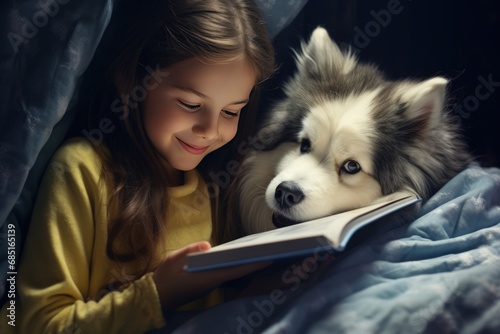 portrait of a child with a dog reading book