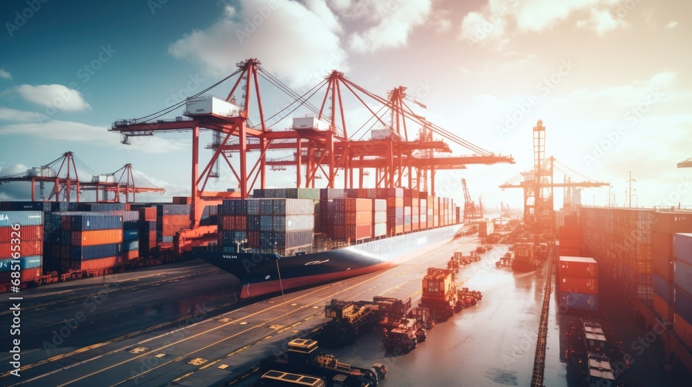 aerial view of Logistics and transportation of Container Cargo ship with working crane bridge in shipyard , logistic import export and transport industry background aerial view of Logistics and transportation of Container Cargo ship with working crane bridge in shipyard , logistic import export and transport industry background