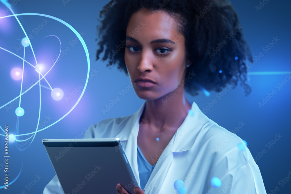 scientist of the future. a woman in a white coat holds a tablet in her hands, halograms around. future science concept scientist of the future. a woman in a white coat holds a tablet in her hands, halograms around. future science concept