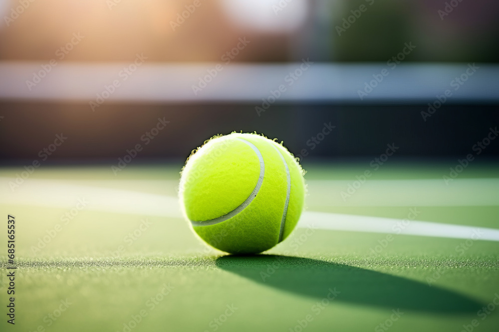 Tennis ball and racket is on the carpet court horizontal format
