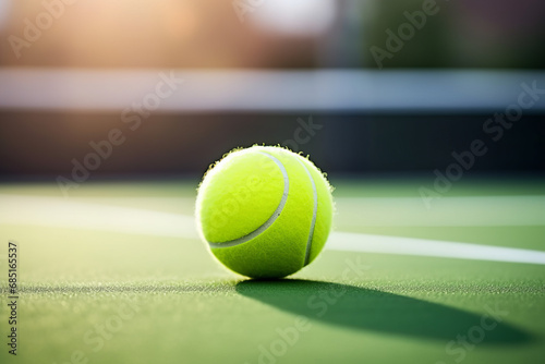 Tennis ball and racket is on the carpet court horizontal format  © Fabio