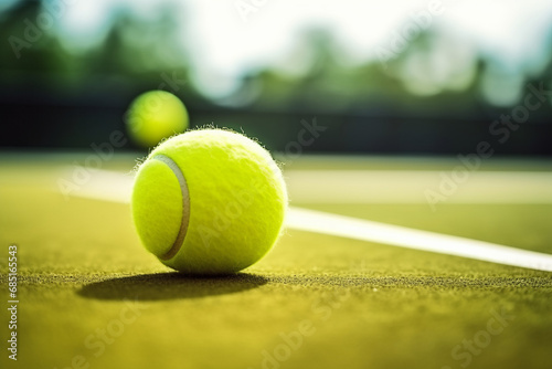 Tennis ball and racket is on the carpet court horizontal format  © Fabio